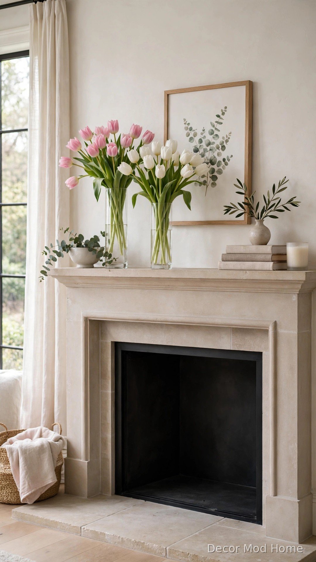 Tall glass vases filled with fresh pink and white tulips styled on a spring mantle