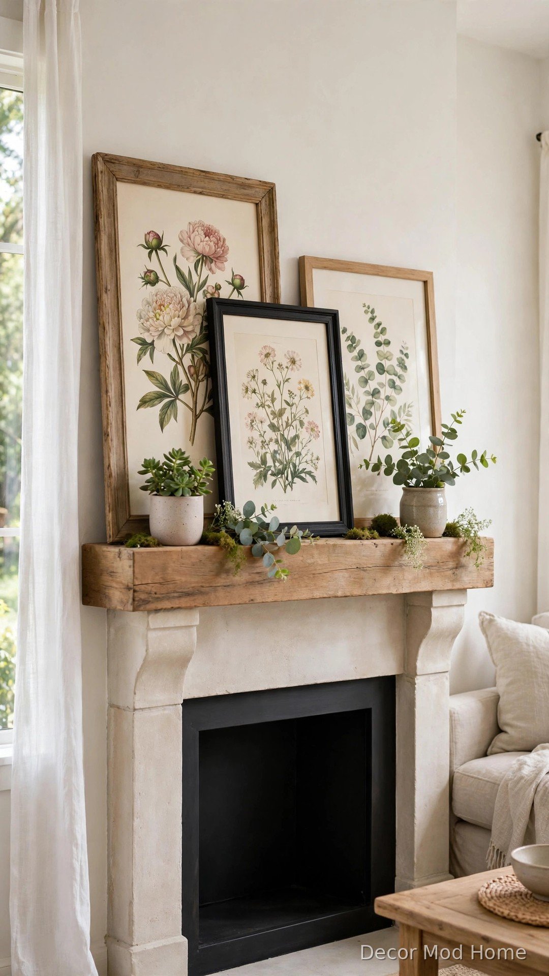 Layered framed botanical prints leaning on a wooden fireplace mantle with small greenery