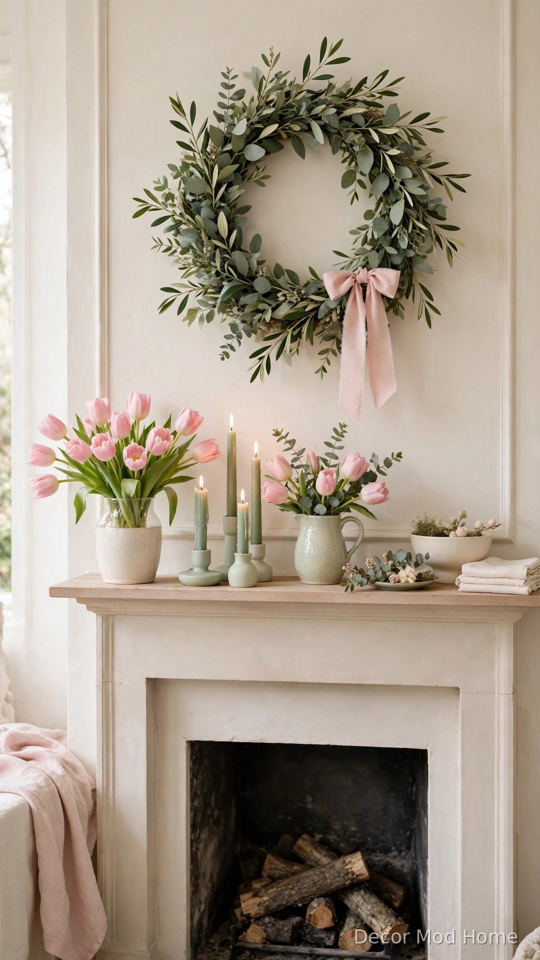 Spring mantle styled in a soft pastel palette of blush pink, sage green and cream with tulips and candles
