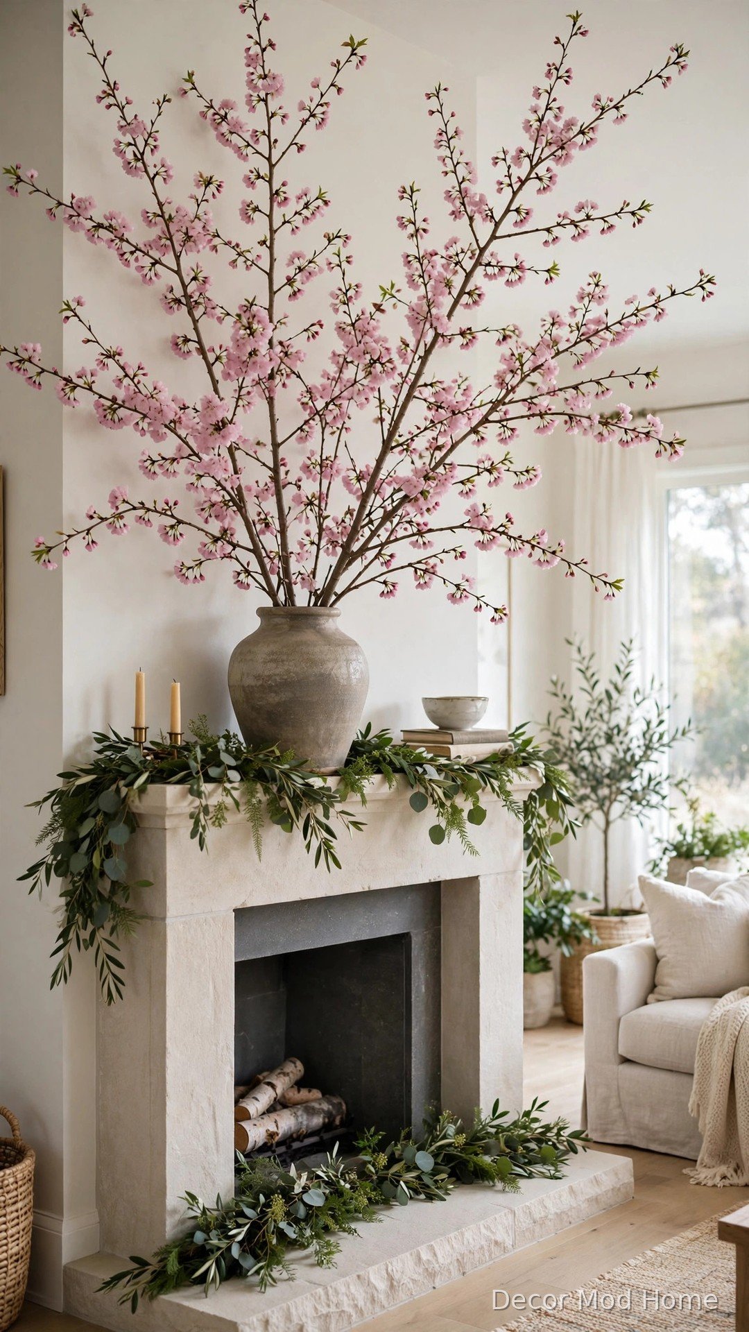 Tall cherry blossom branches in a stone vase on a fireplace mantle with a greenery garland