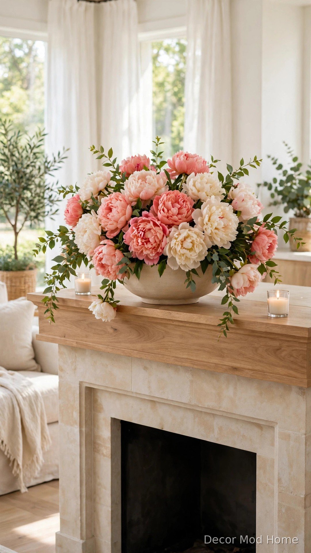 Lush peony centrepiece in blush, coral and cream in a low bowl on a spring mantle