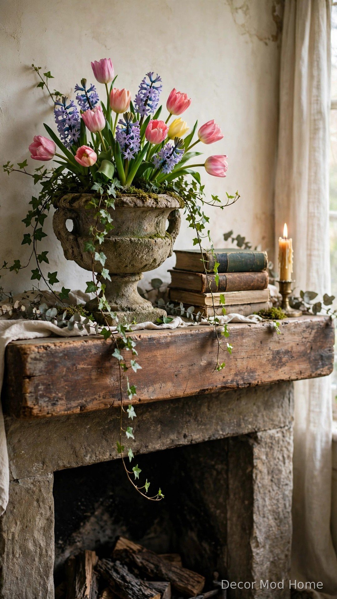 Weathered stone garden urn filled with tulips, hyacinths and trailing ivy on a rustic mantle
