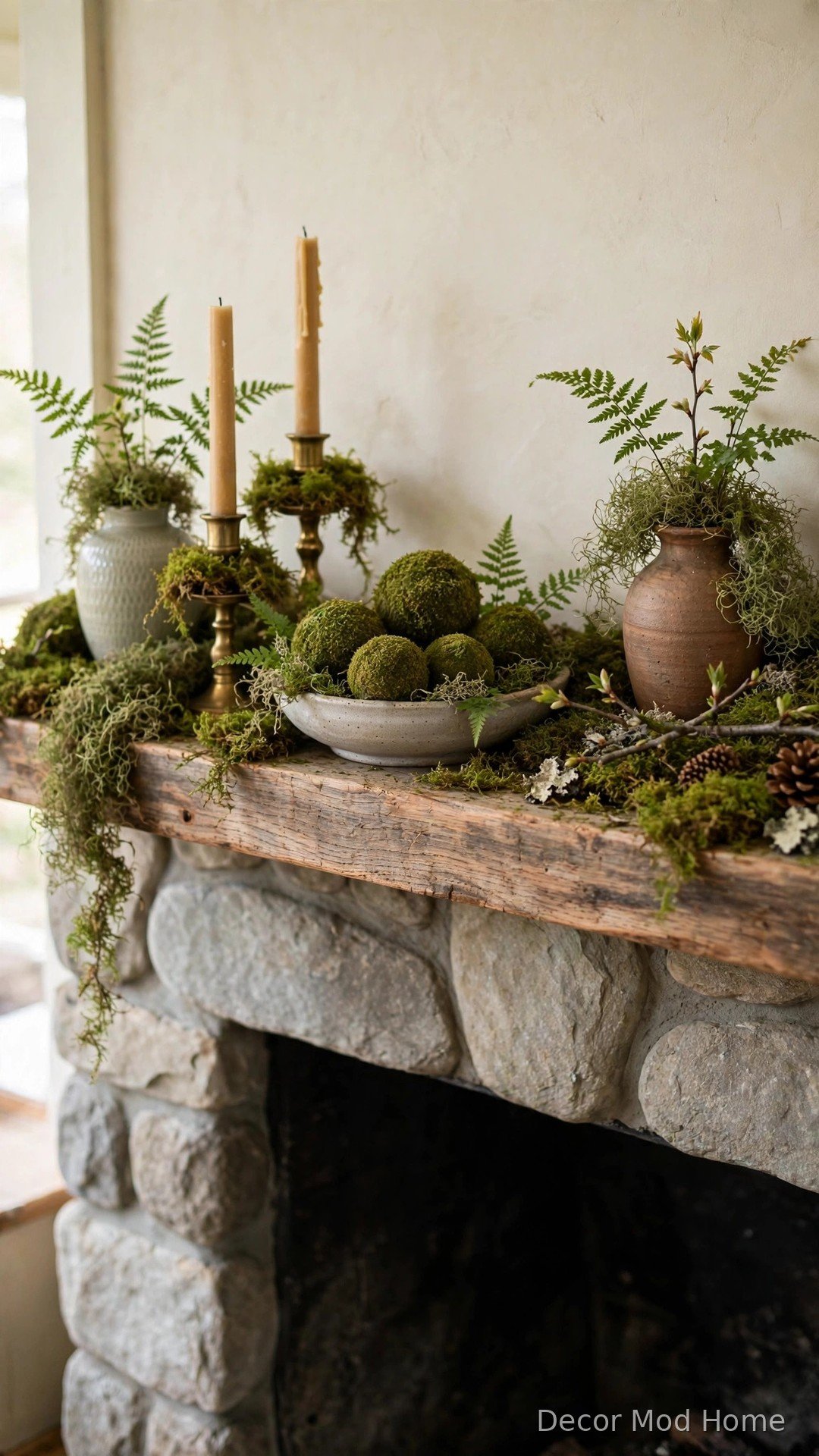 Sheet moss, moss balls and ferns styled around candles on a rustic stone fireplace mantle