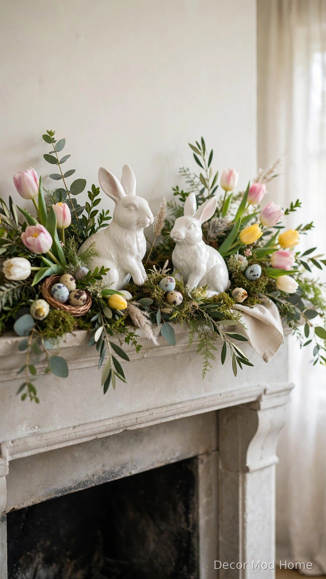 Two white ceramic bunny figurines nestled among tulips and moss on a spring mantle