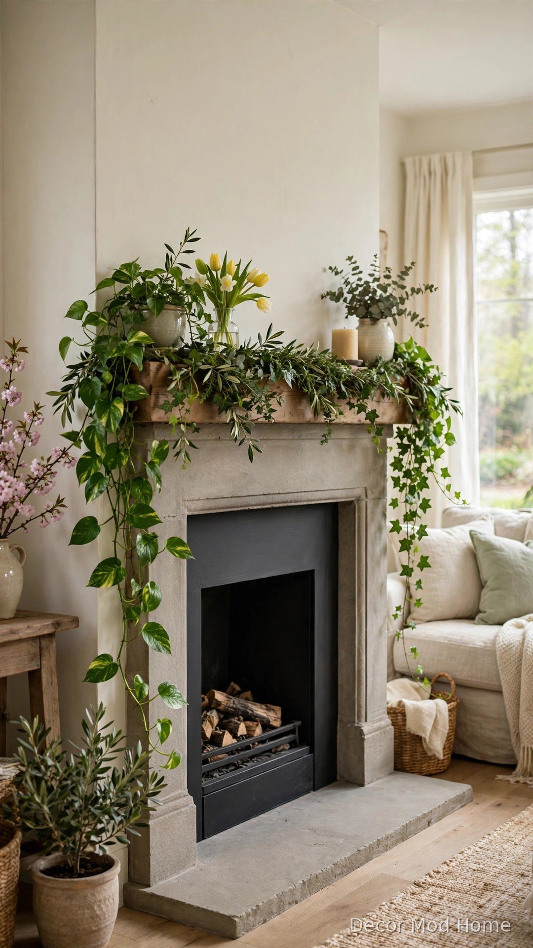 Trailing pothos and ivy plants cascading down both ends of a spring-styled fireplace mantle