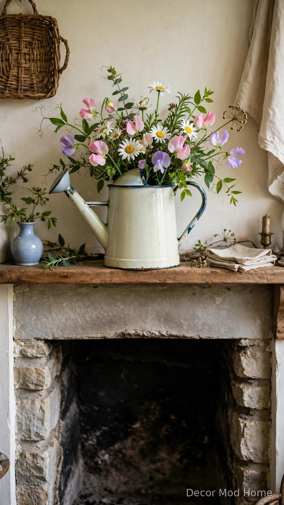 Vintage enamel watering can filled with daisies and sweet peas on a rustic spring mantle