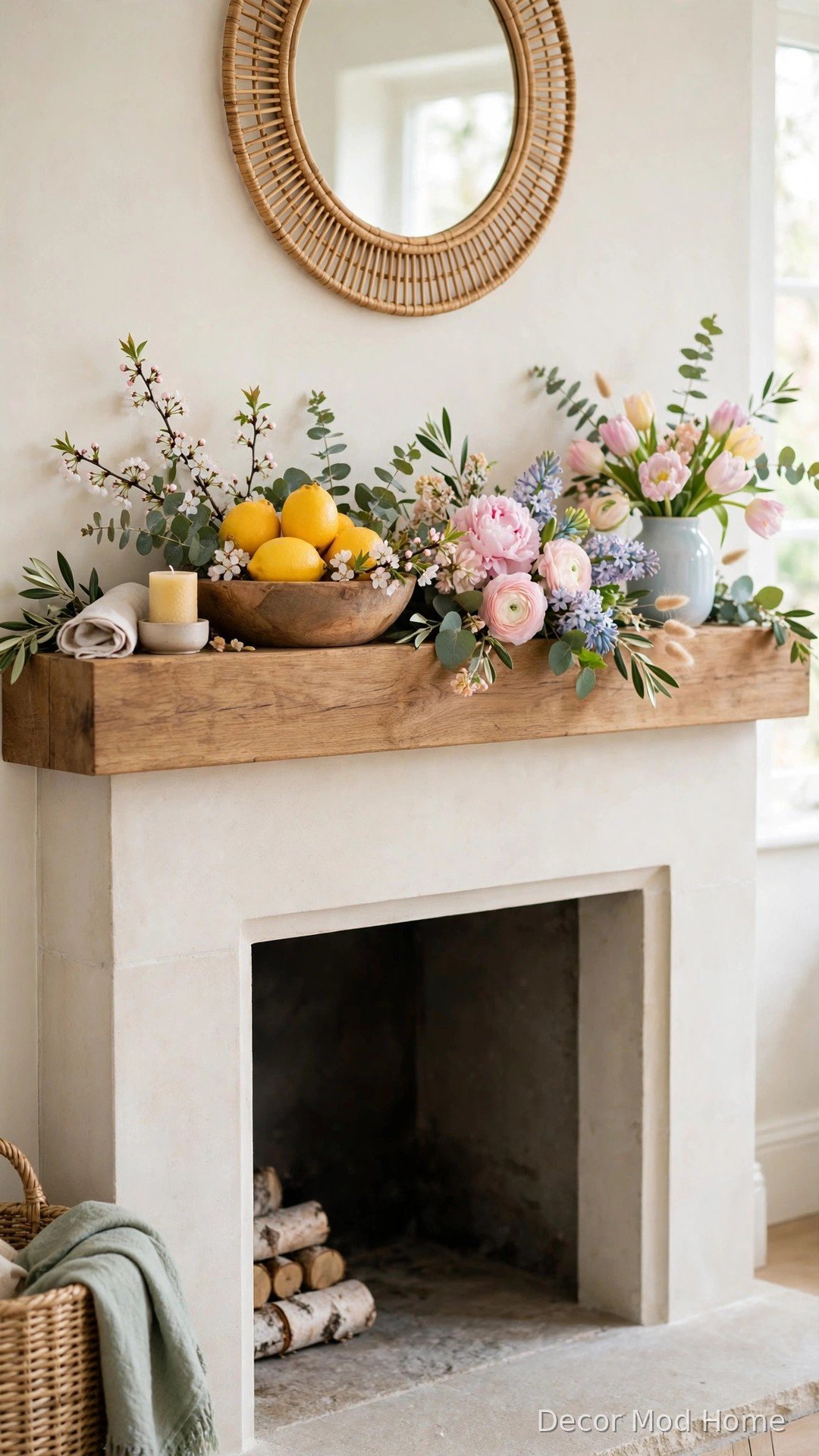 Wooden bowl of fresh lemons with blossom sprigs styled on a spring fireplace mantle