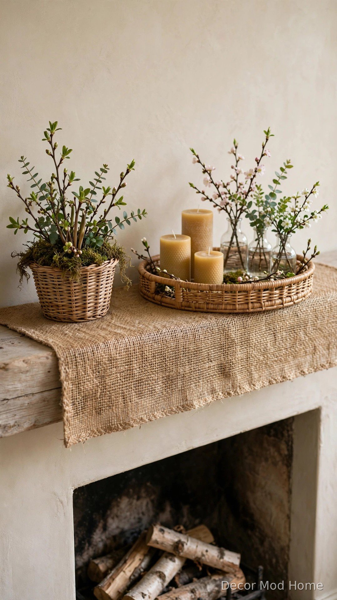 Woven wicker basket and rattan tray with candles and bud vases on a spring mantle with jute runner