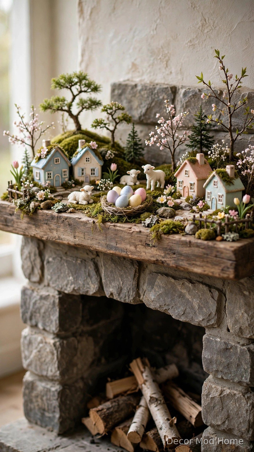 Miniature spring village tableau with tiny cottages, lambs and pastel eggs on a stone mantle