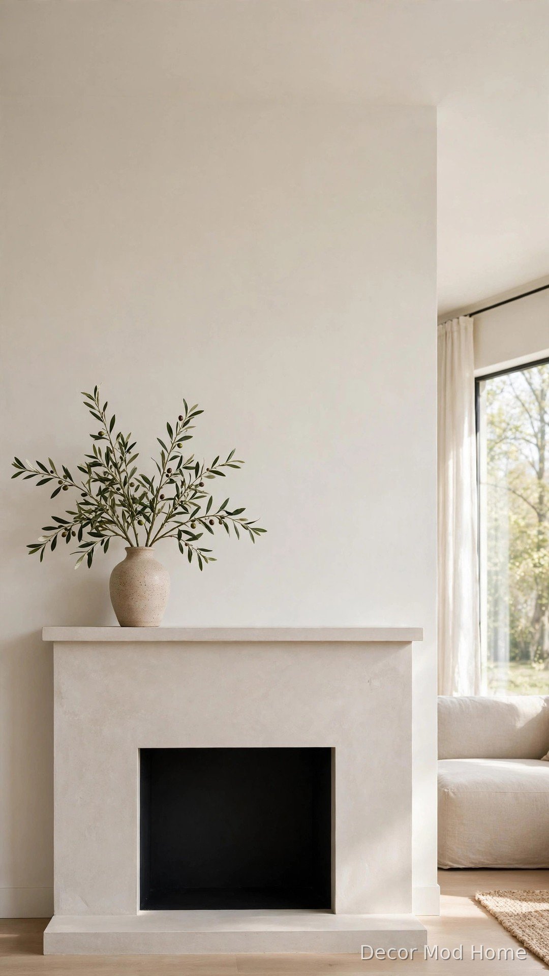 Minimalist spring mantle with a single vase of olive branches and airy negative space