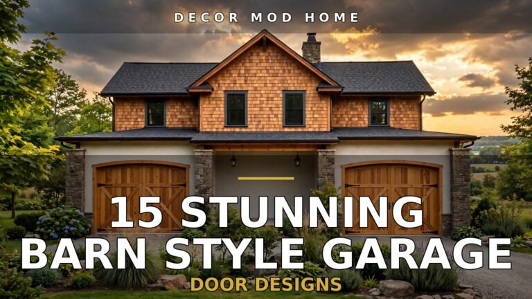 Barn style garage door designs featured image: farmhouse with twin crossbuck timber garage doors in cedar stain at sunset