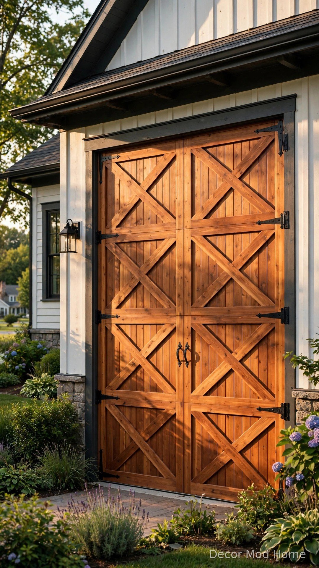 Classic crossbuck timber barn garage door with X-bracing in stained cedar and black iron hardware