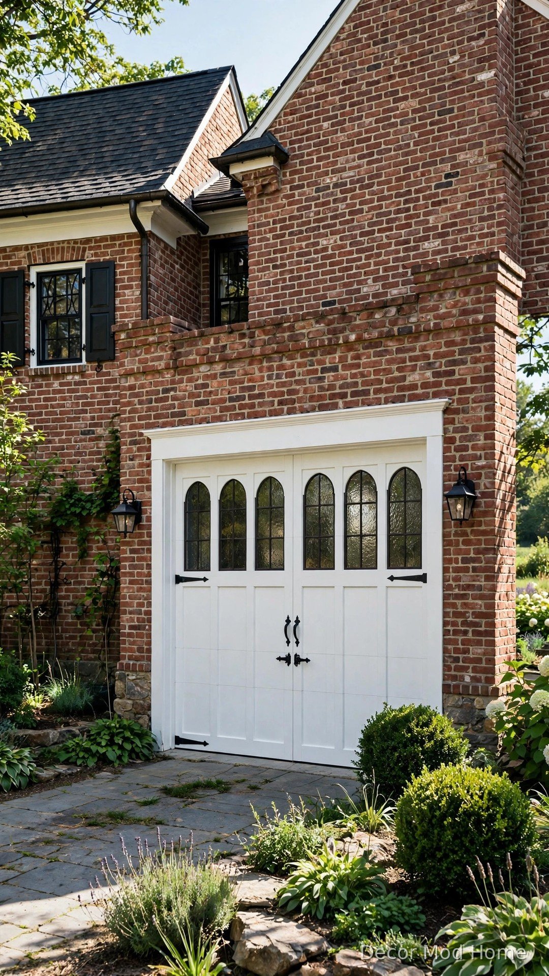 White carriage house garage door with arched seeded-glass windows on a brick farmhouse