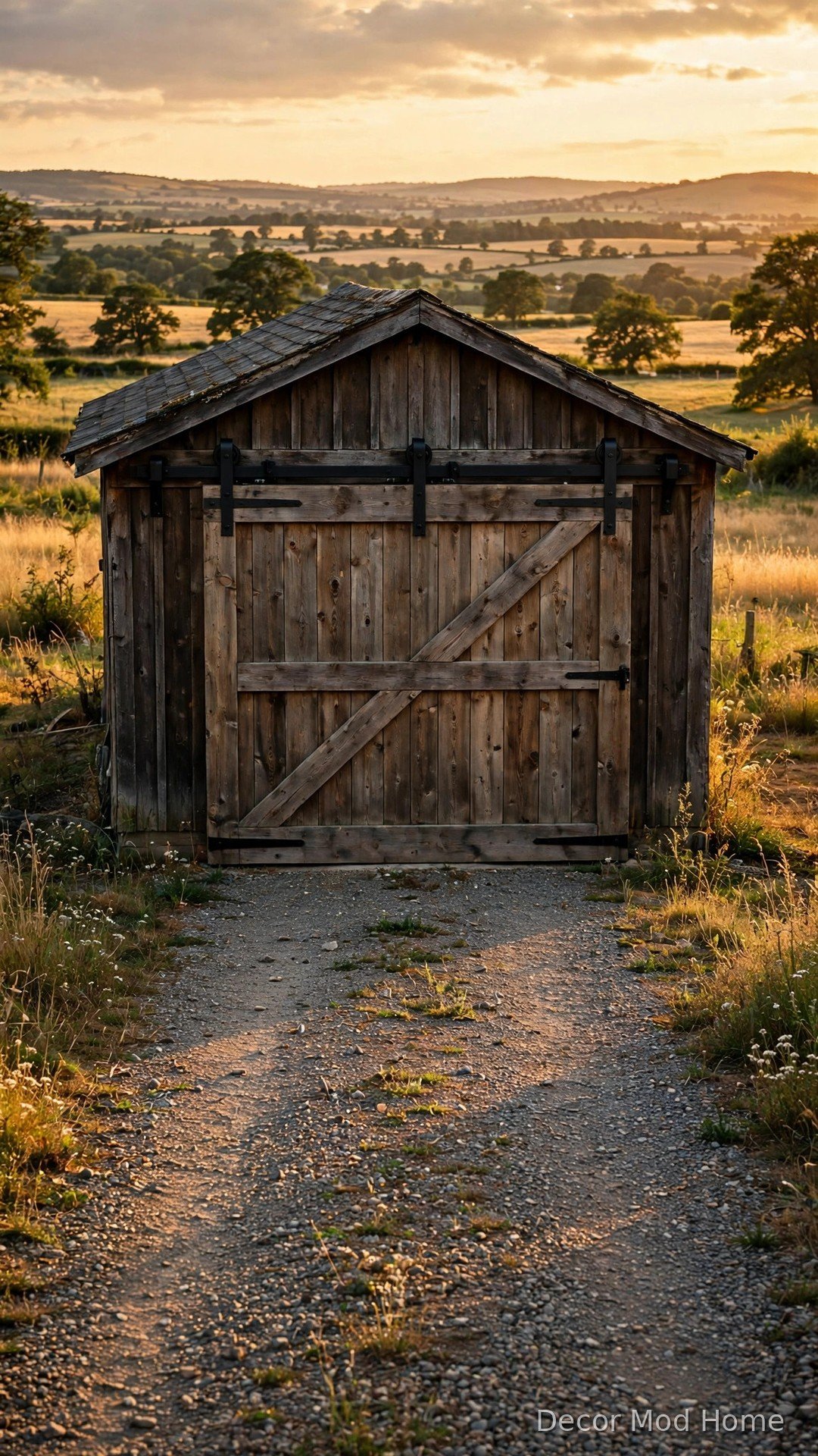 Sliding barn door on an overhead steel rail with Z-bracing and a gravel driveway