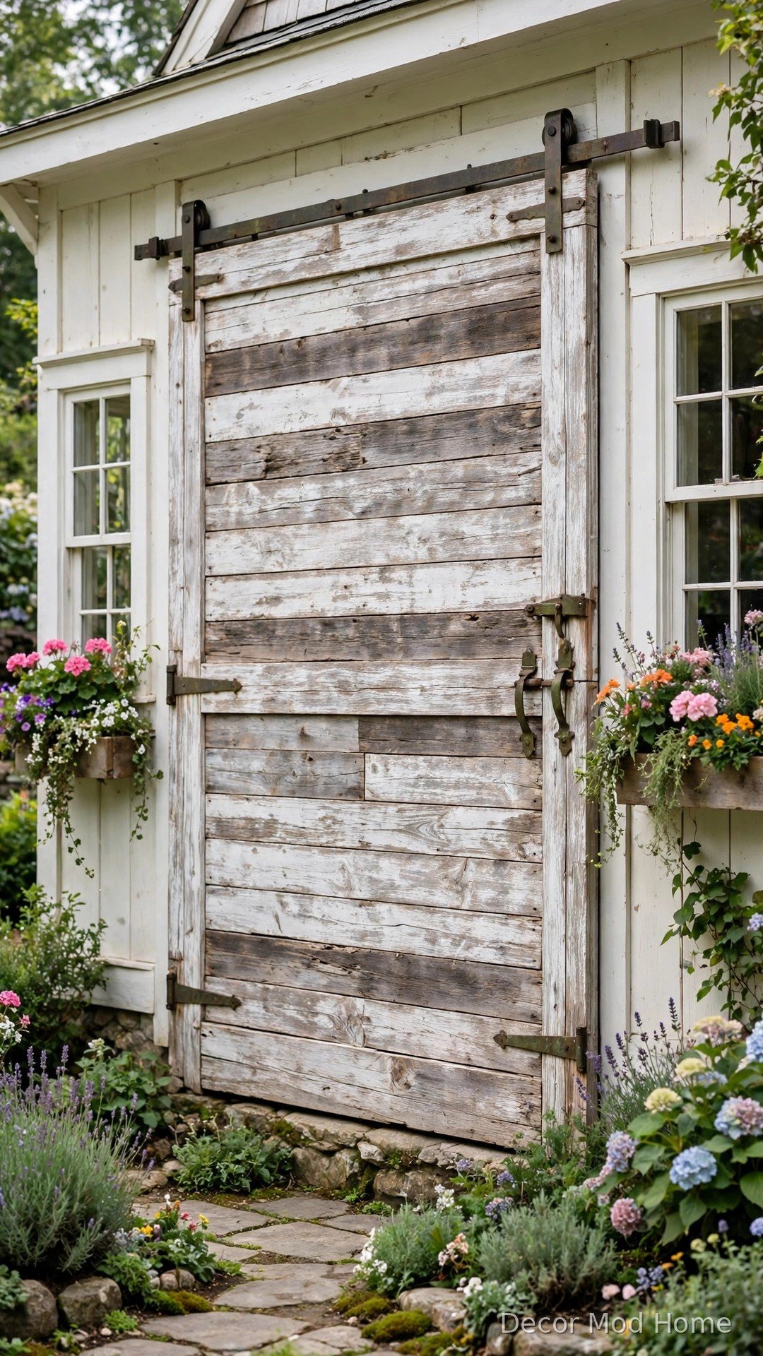 Whitewashed reclaimed wood barn garage door with flower boxes on a cottage farmhouse