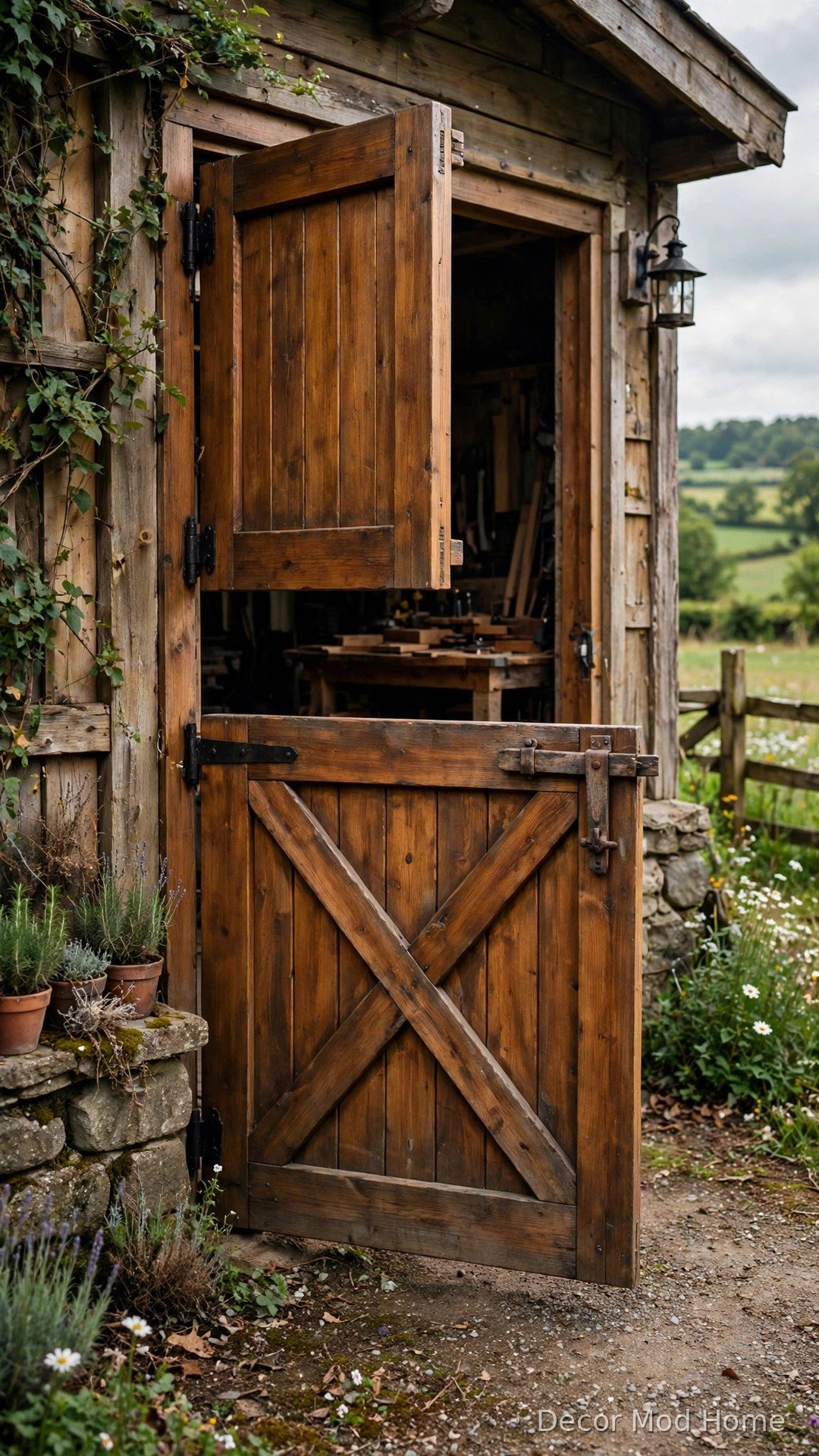 Dutch split-top barn door with crossbuck lower half open on a workshop garage