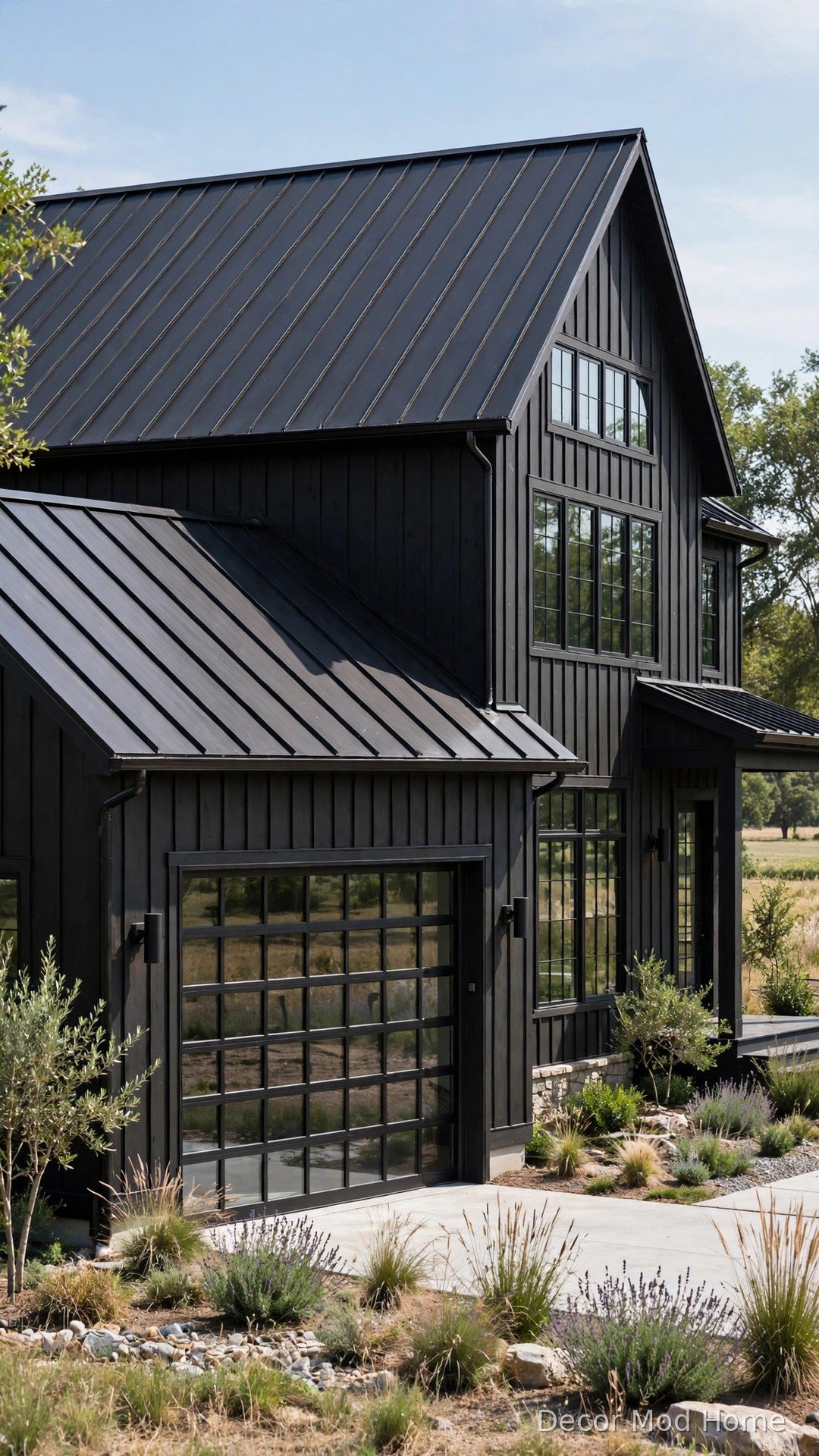 Glass-panelled barn style garage door with black steel frames on a modern farmhouse