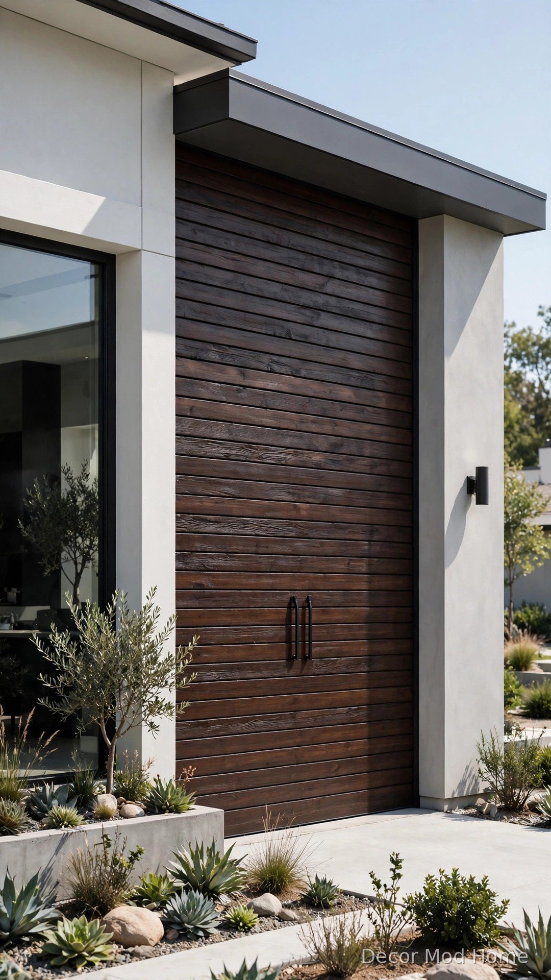 Sleek dark-stained horizontal plank barn door on a contemporary home