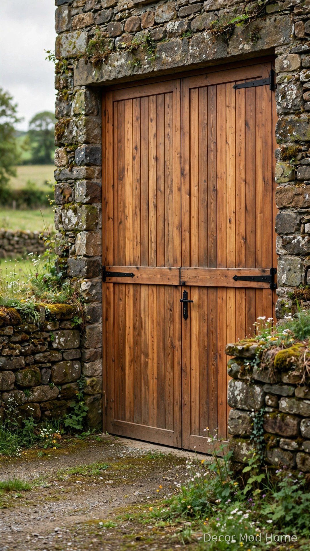 Cedar board barn garage door framed in rugged natural fieldstone