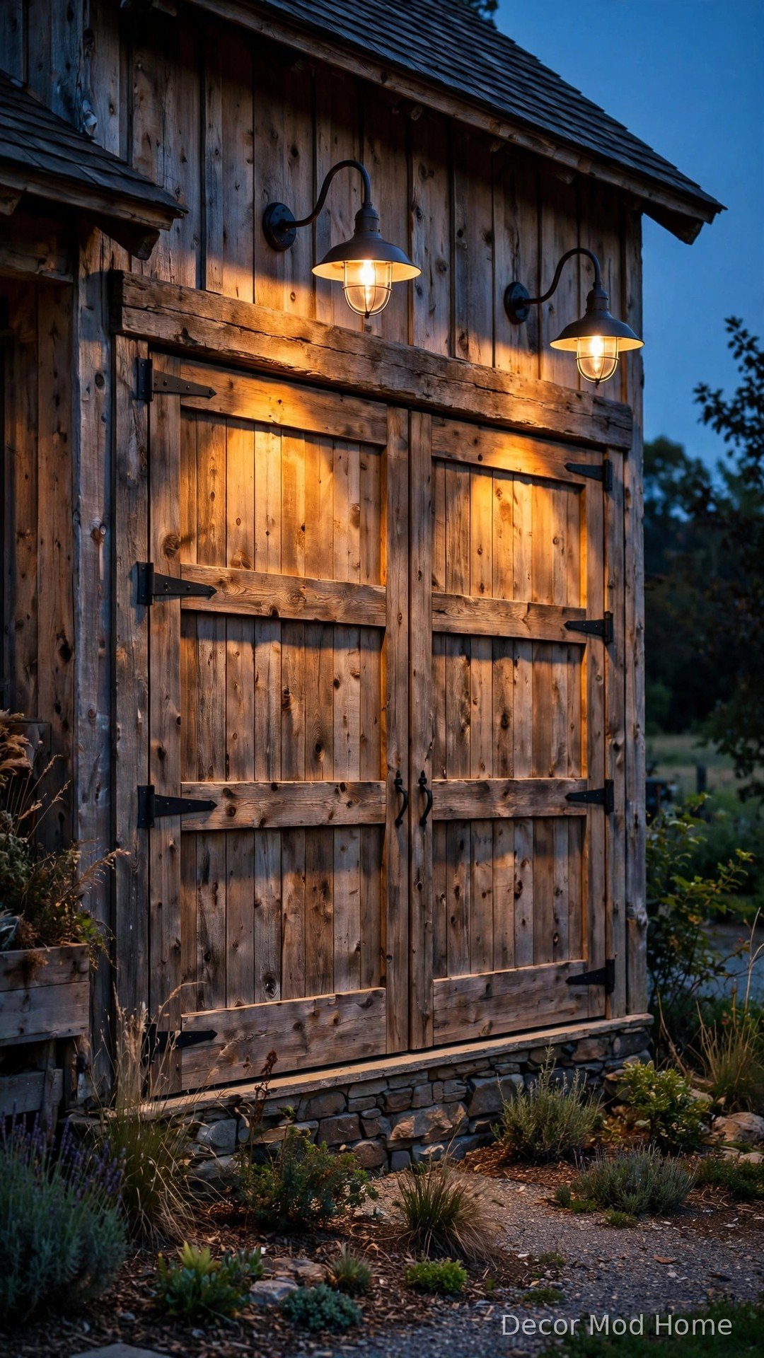 Timber barn garage doors glowing under gooseneck barn lanterns at dusk