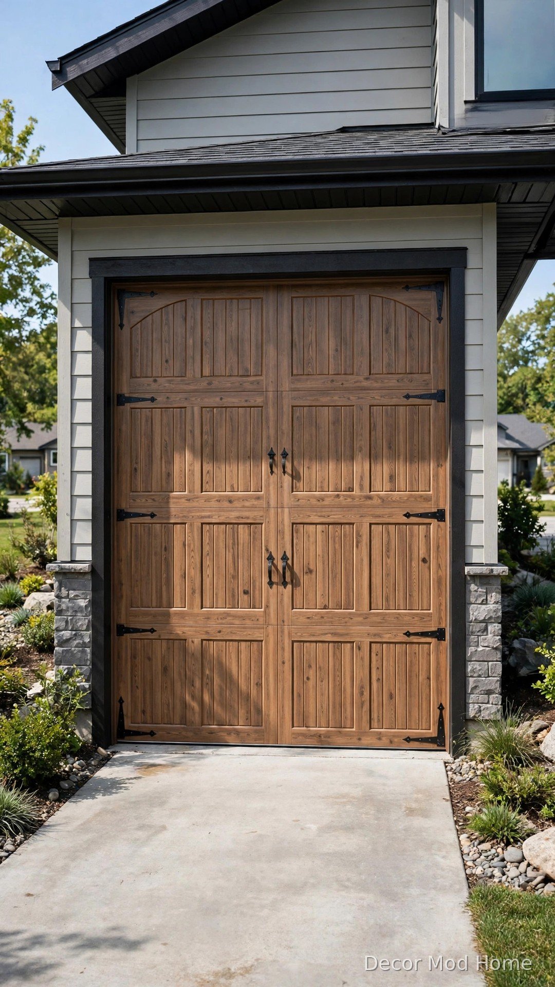 Sectional overhead garage door styled as swing-out timber barn doors