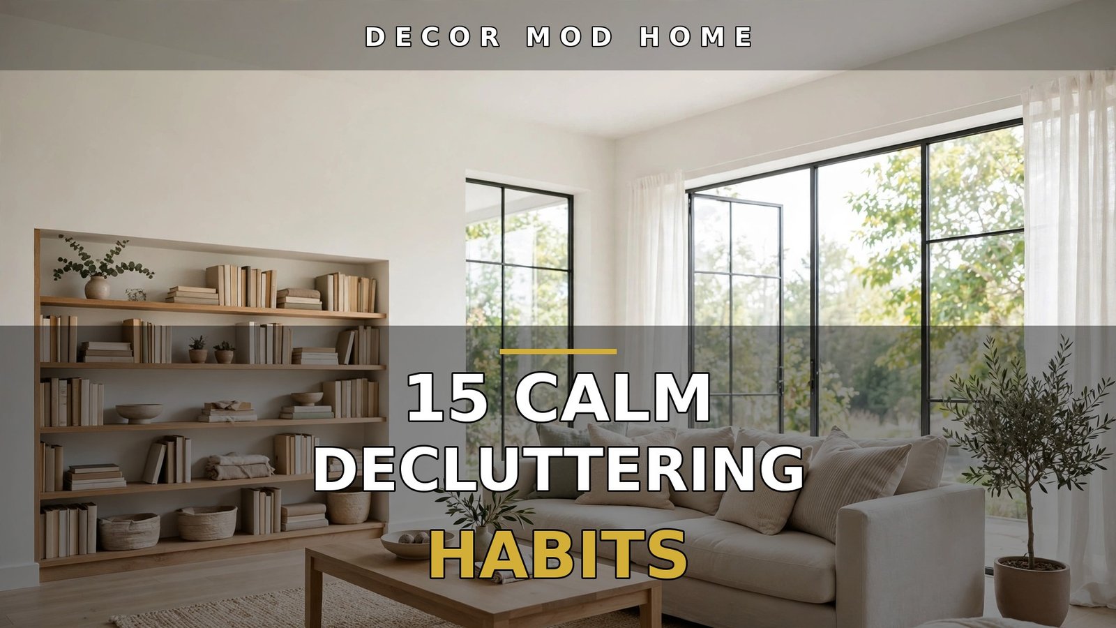 Serene tidy living room with headline overlay "15 Calm Decluttering Habits" — hero image