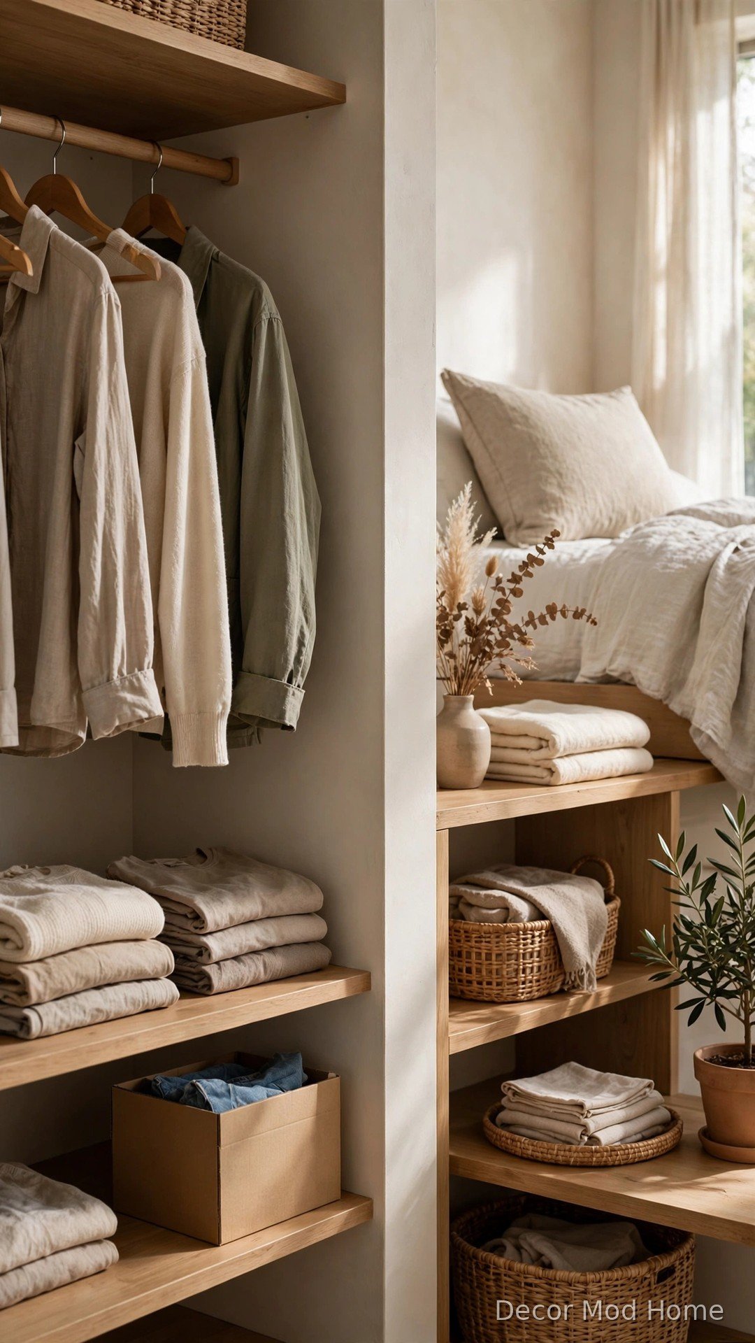 Organised wardrobe shelf with folded clothes and a donation box for the one-in-one-out decluttering habit