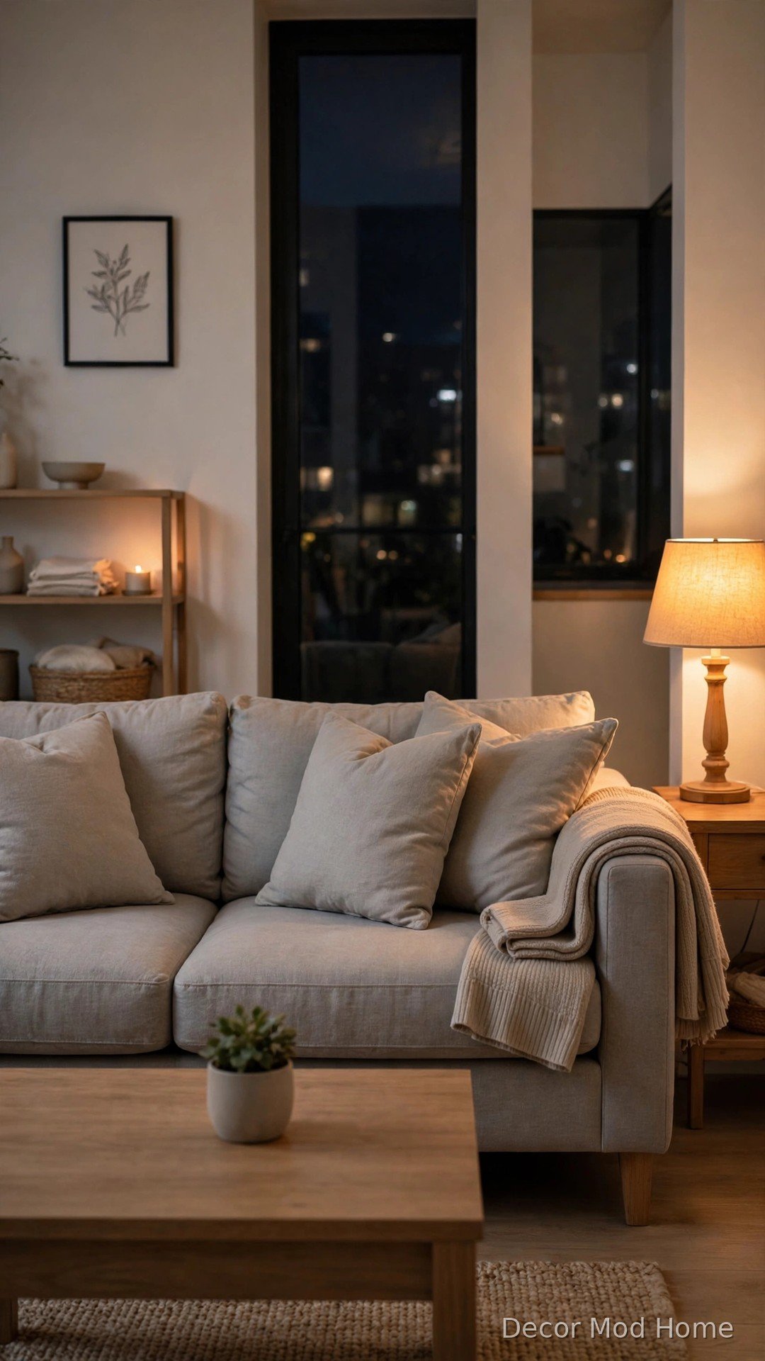 Tidy living room with plumped cushions and folded throw after a nightly reset