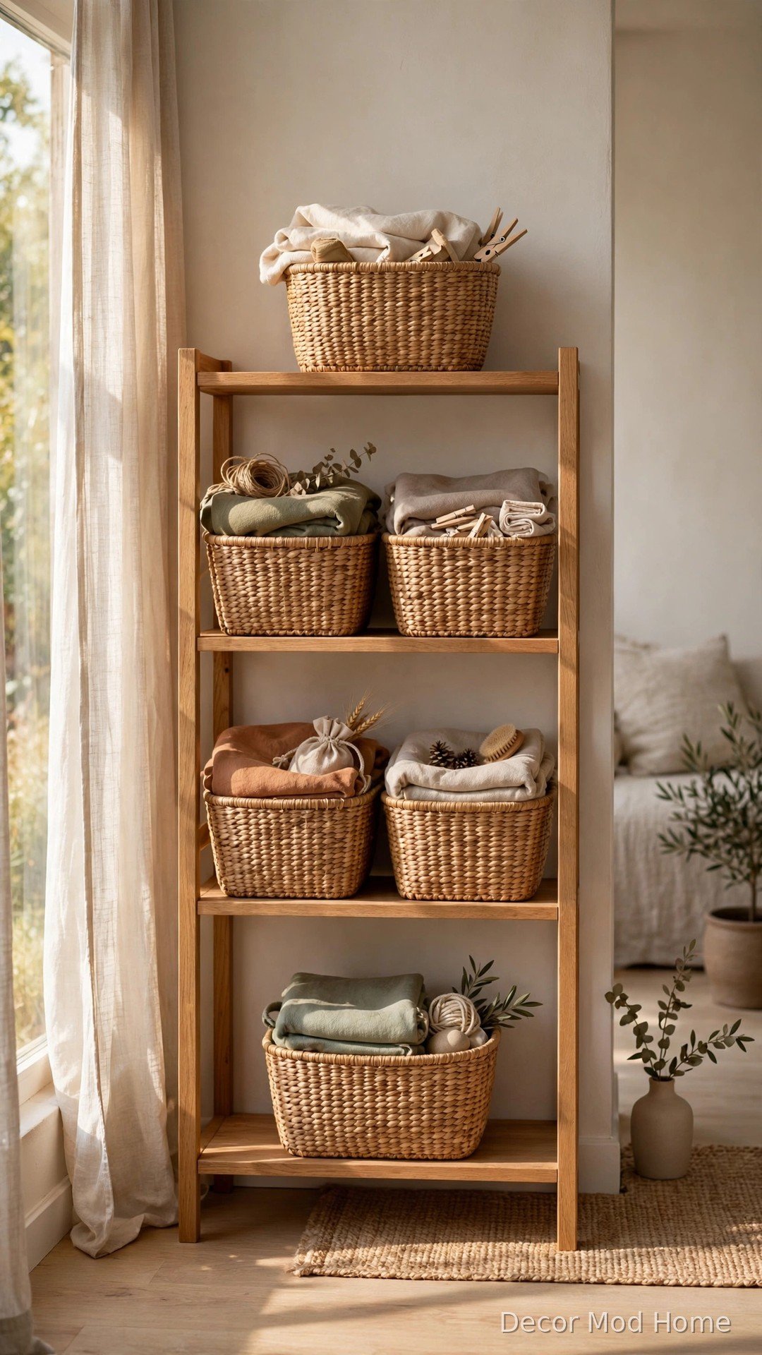 Woven storage baskets neatly arranged on a wooden shelving unit in a living room