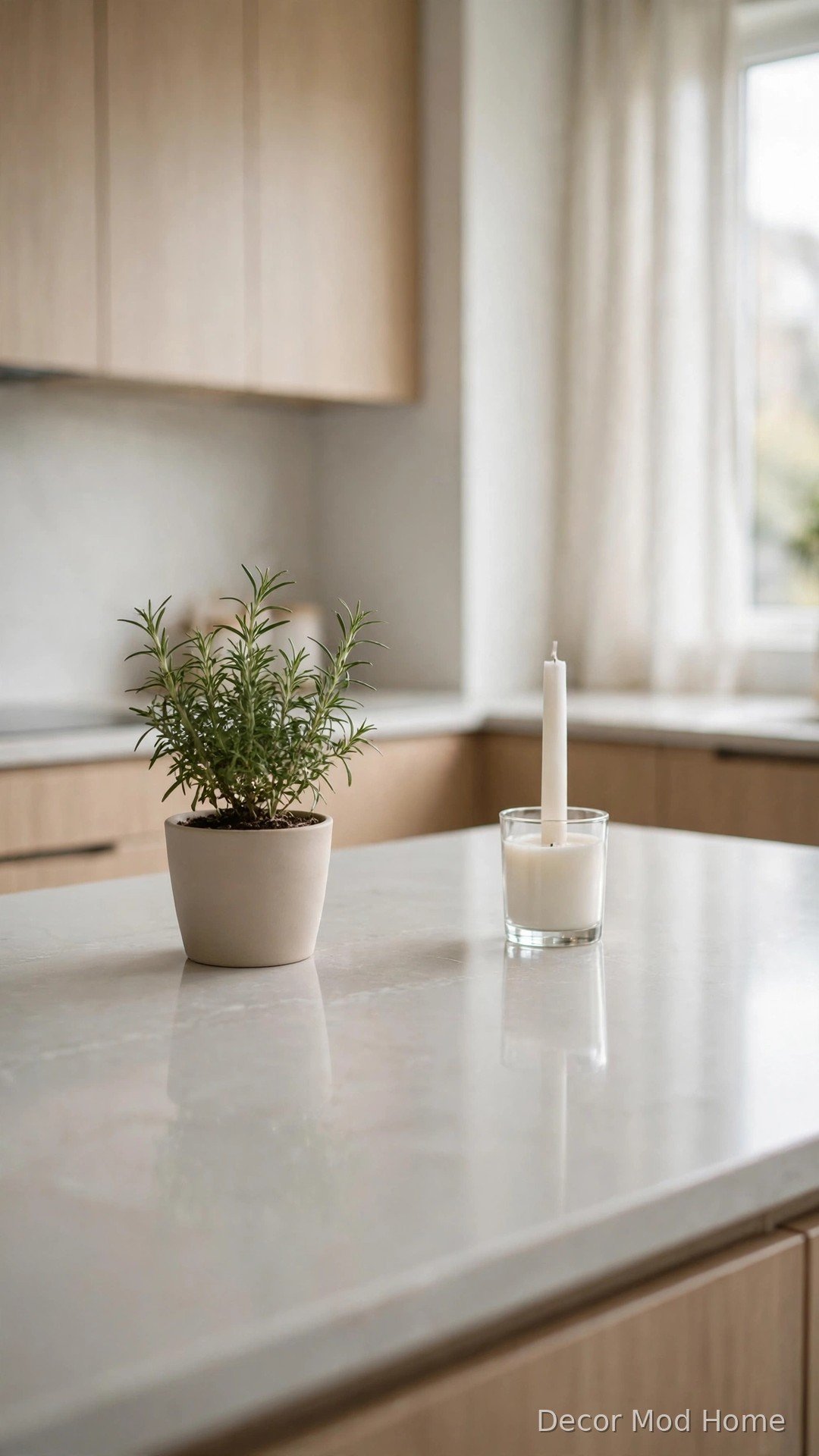 Clear kitchen worktop with minimal decor, a small herb plant and a candle