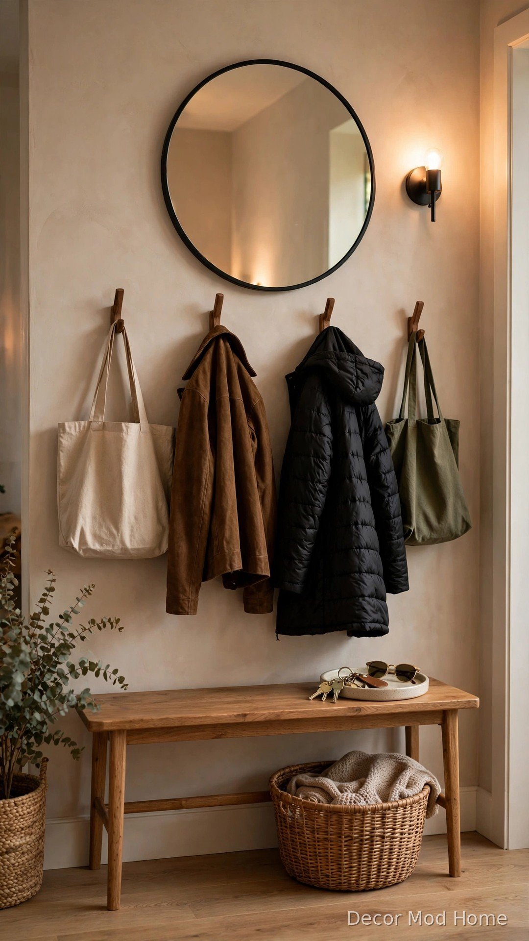 Entryway landing zone with wall hooks, wooden bench, key tray and storage basket