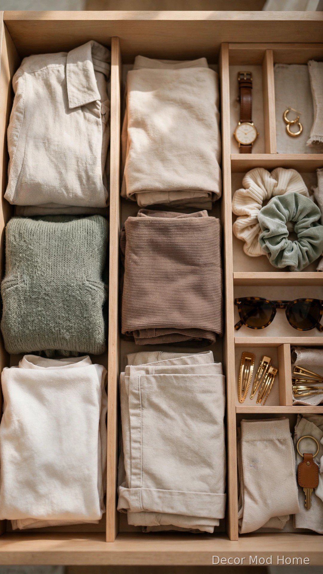 Neatly organised open dresser drawer with compartments for folded clothes
