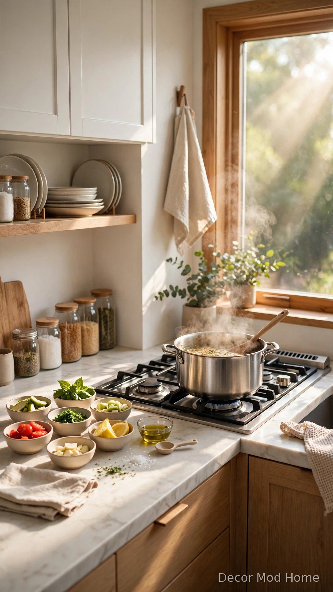 Bright tidy kitchen with clean counters and fresh ingredients while cooking