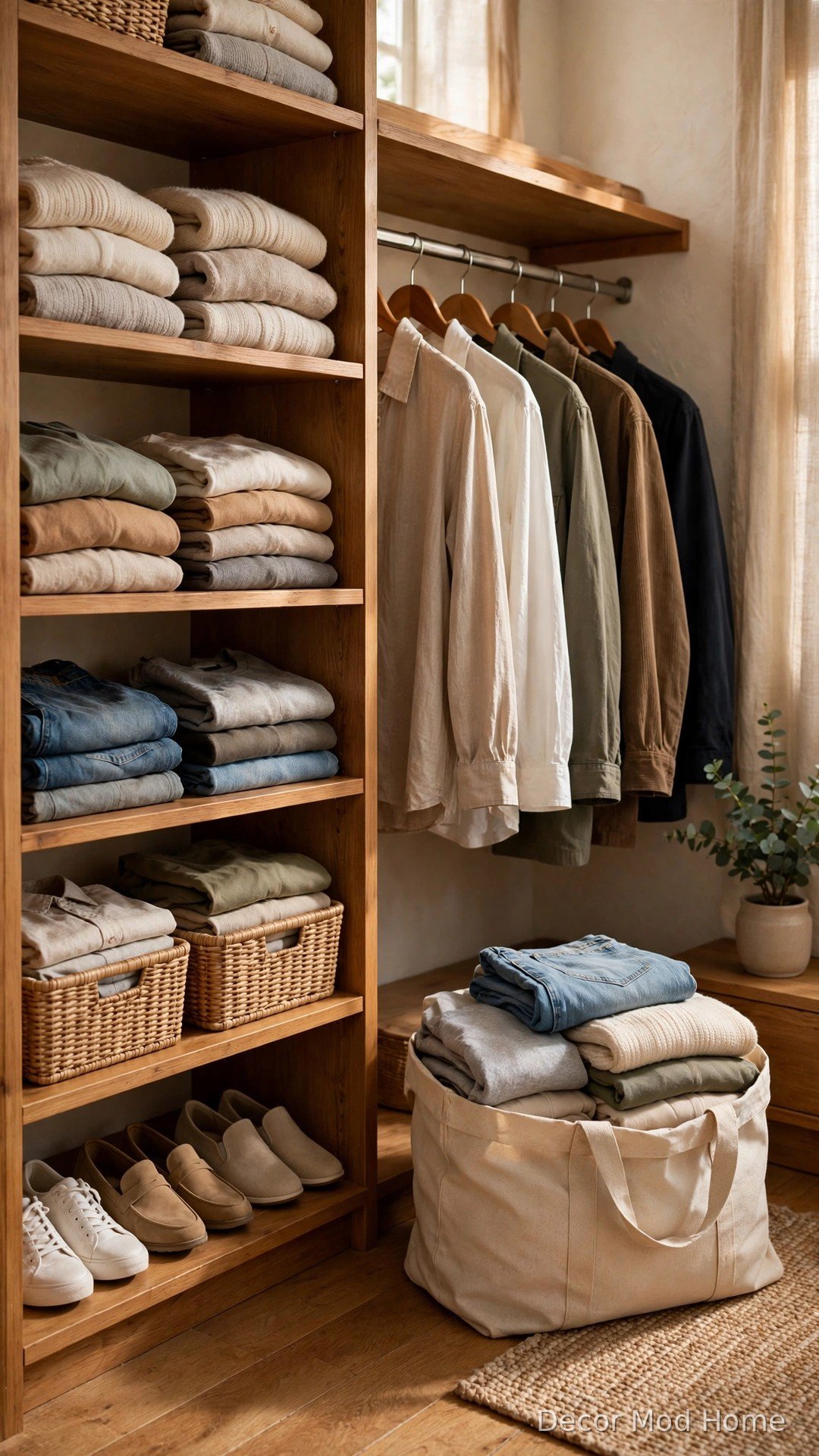 Walk-in wardrobe corner with a donation bag of clothes ready for charity