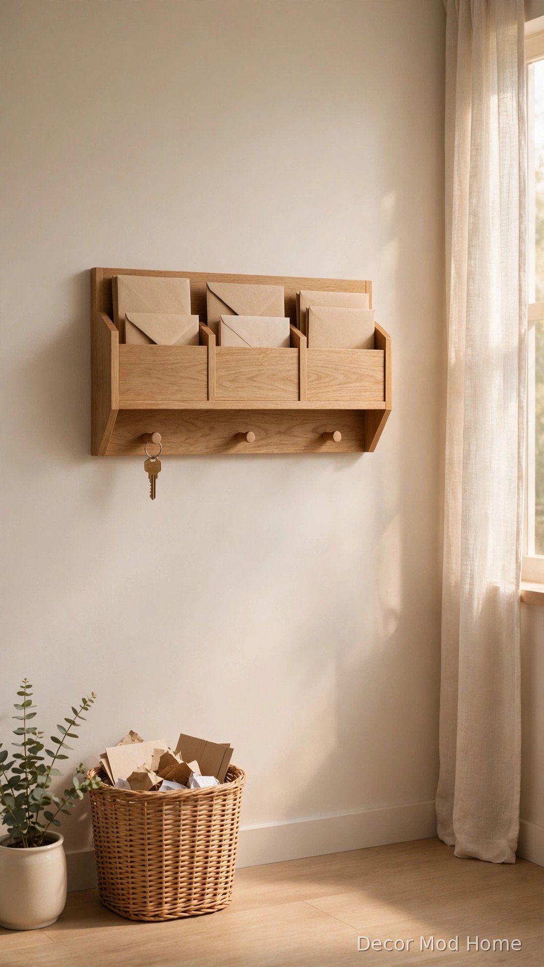 Neat wall-mounted mail station with organiser tray and small recycling basket
