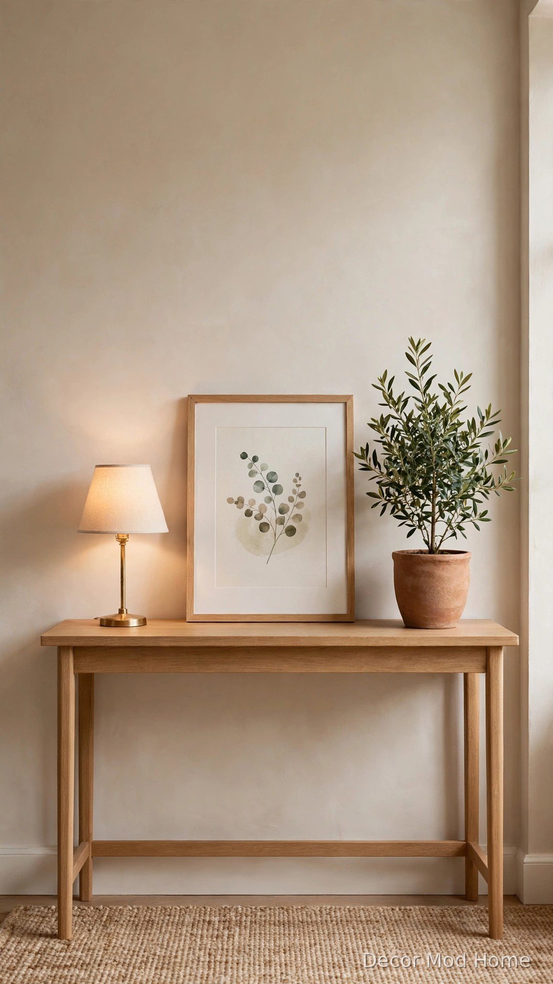 Elegant console table styled with a lamp, framed picture and small plant