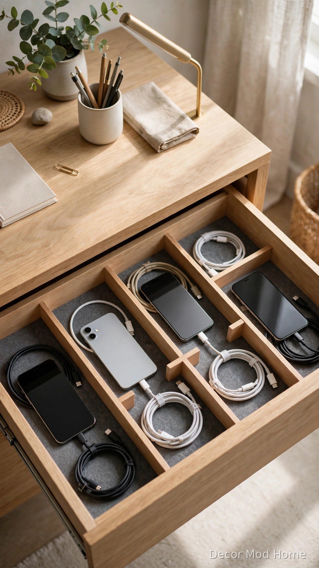 Organised charging drawer with neatly coiled cables in labeled compartments