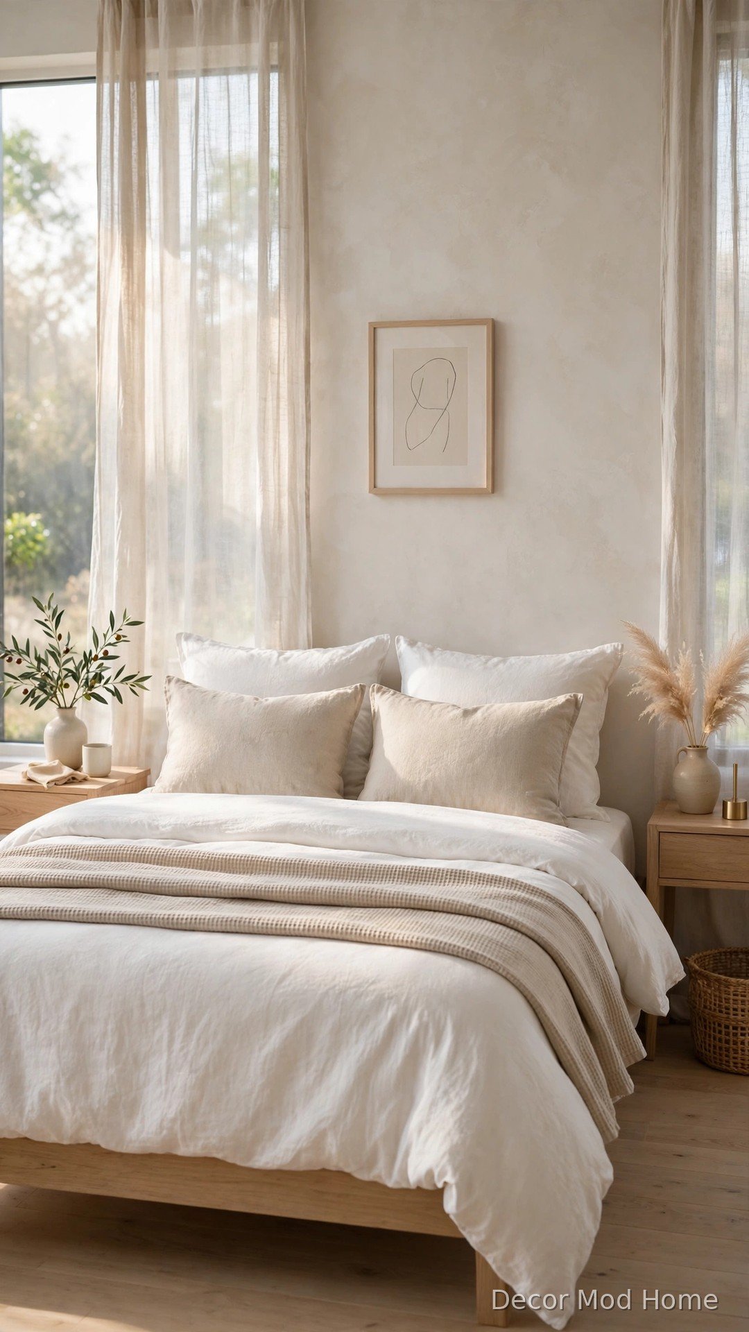 Beautifully made bed with crisp neutral bedding in soft morning light