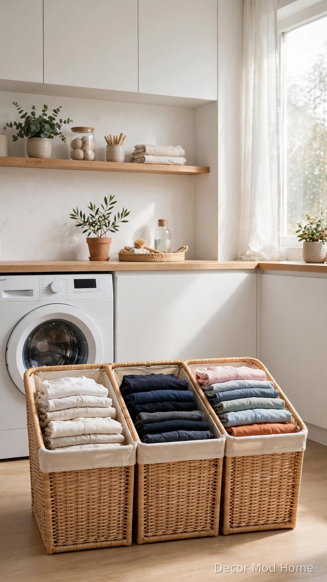 Tidy laundry area with a three-section sorting hamper of folded clothes
