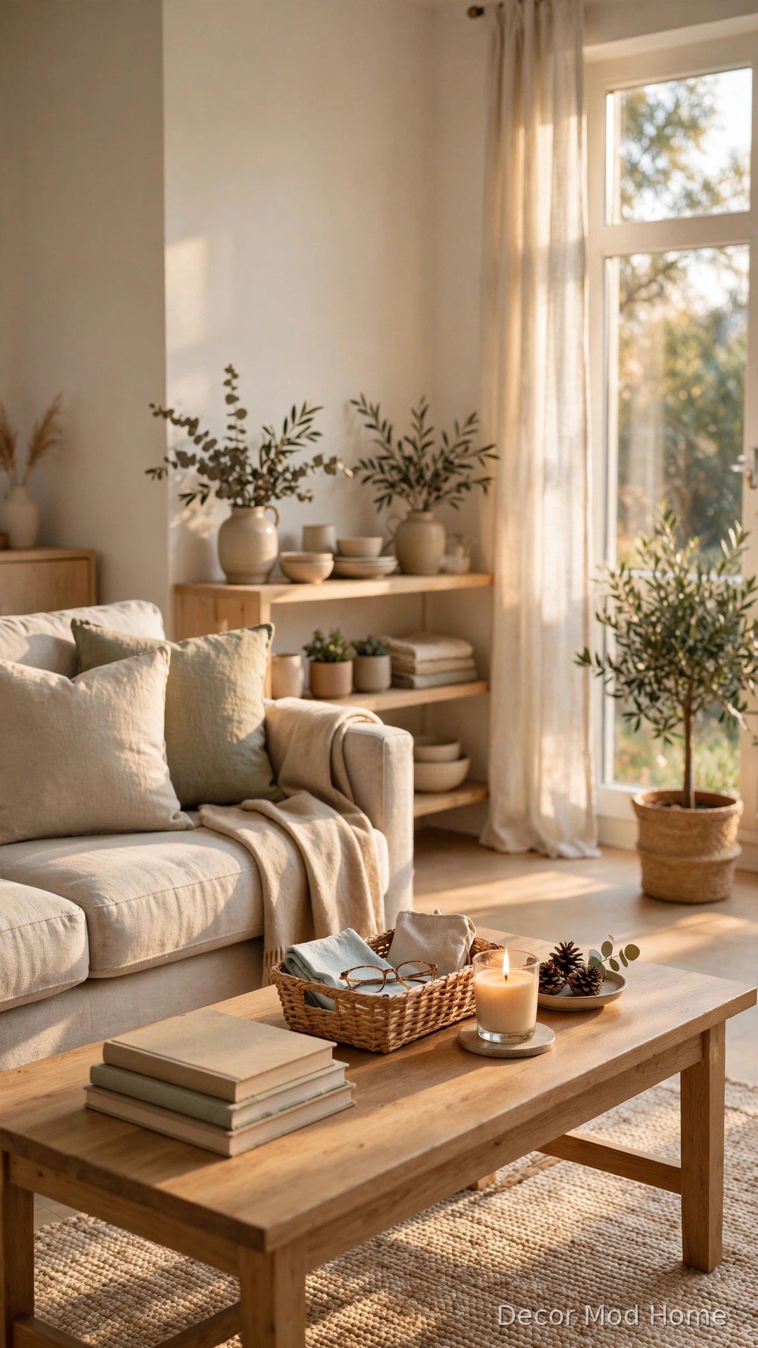 Serene tidy living room with a lit candle and reset basket on the coffee table
