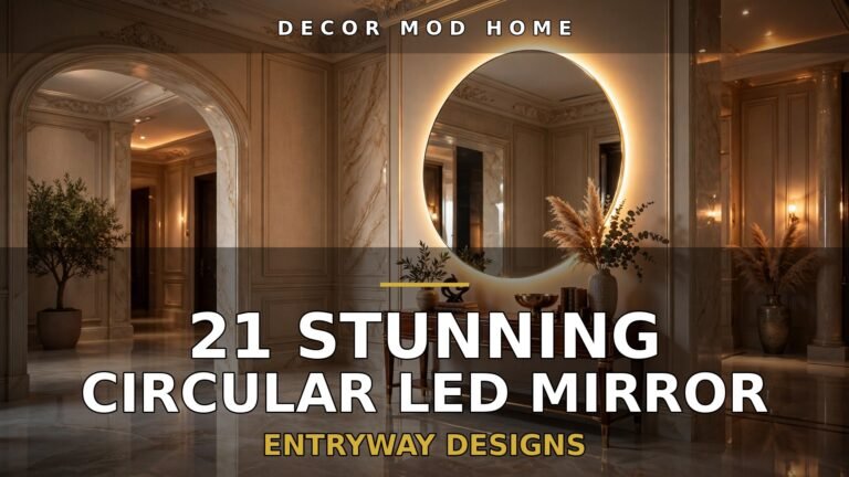 Grand foyer with glowing circular LED mirror and entryway design text overlay