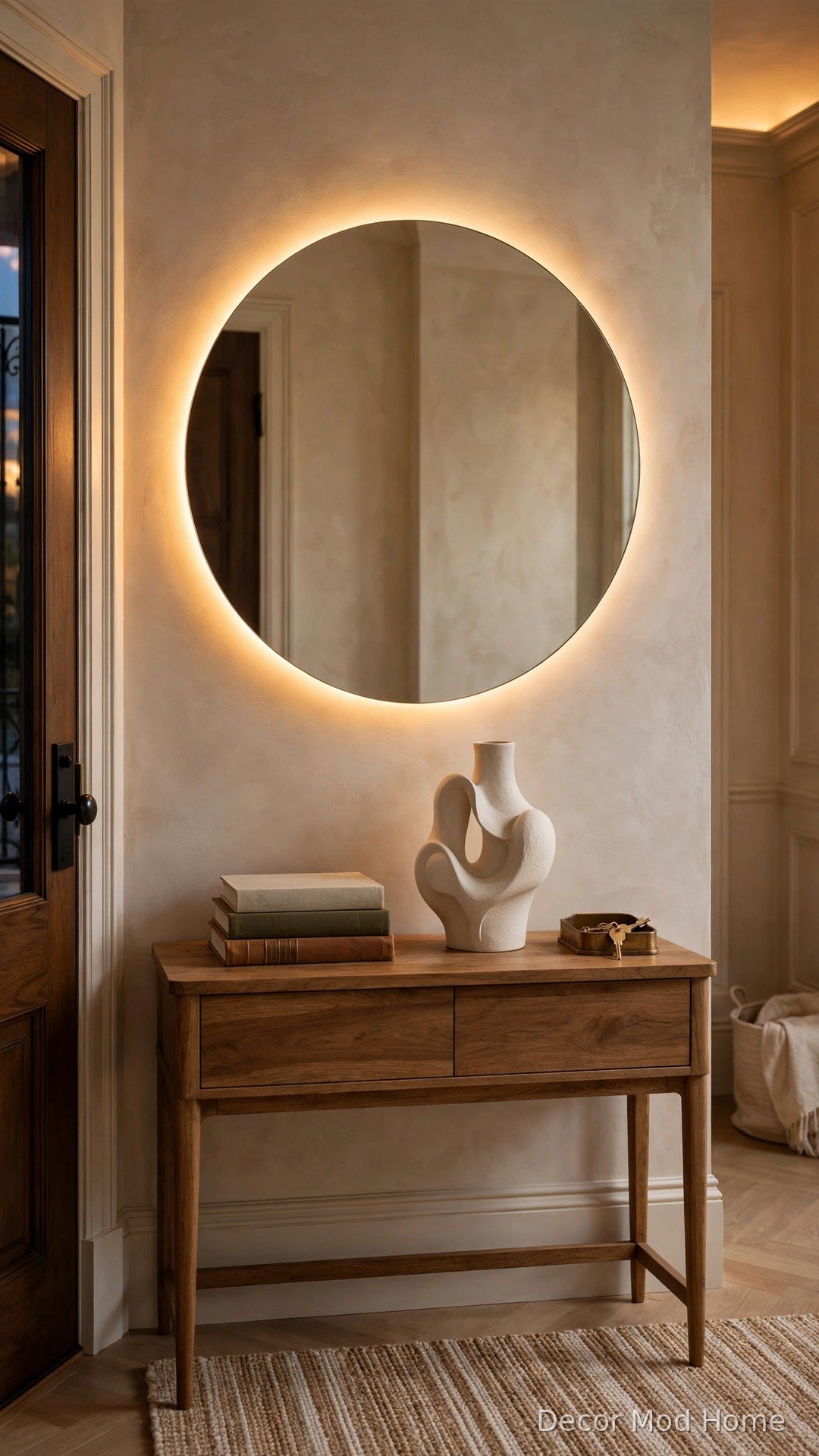 Oversized 36-inch circular LED mirror with halo backlight above wooden console