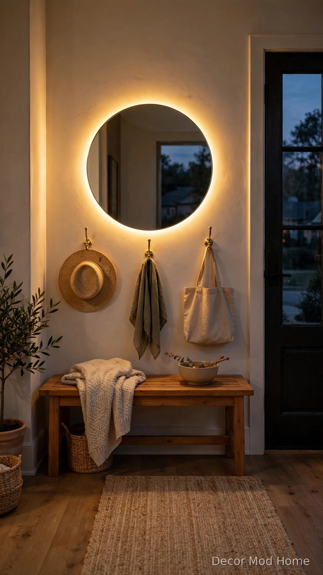 Circular LED mirror with warm 2700K golden backlight in cozy entryway