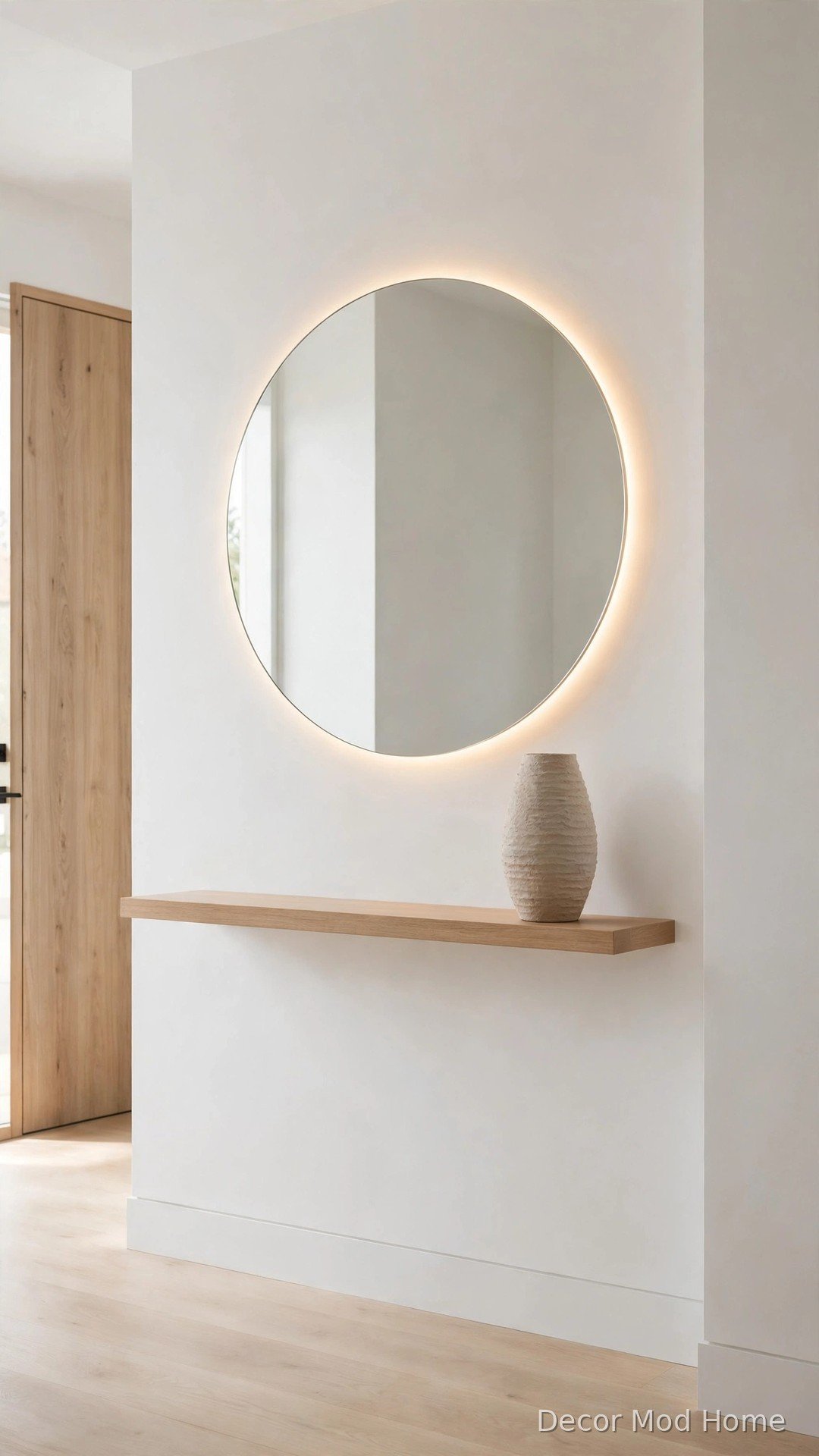 Frameless edge-lit circular LED mirror in minimalist white foyer