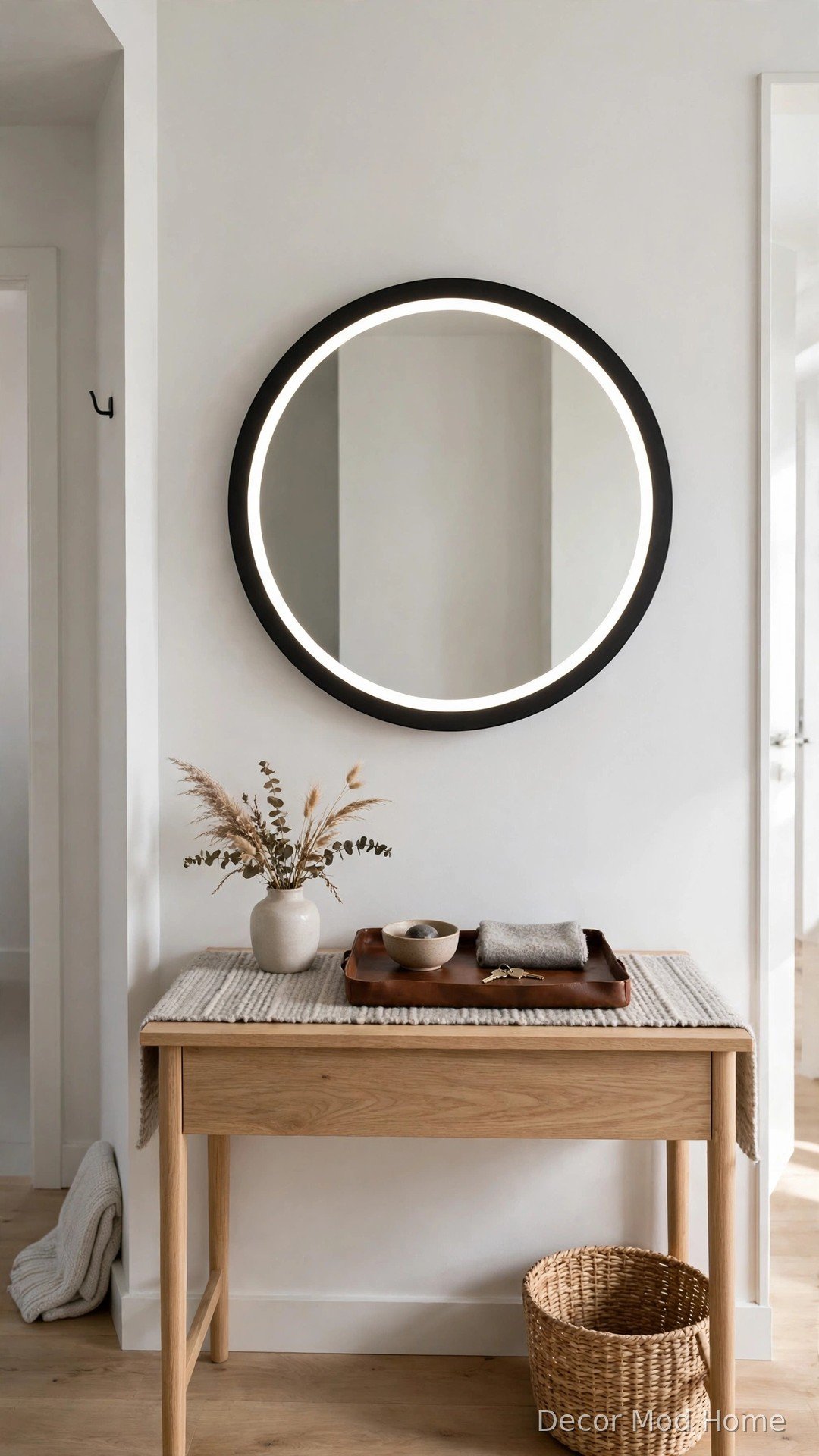 Matte black framed circular LED mirror with cool white light