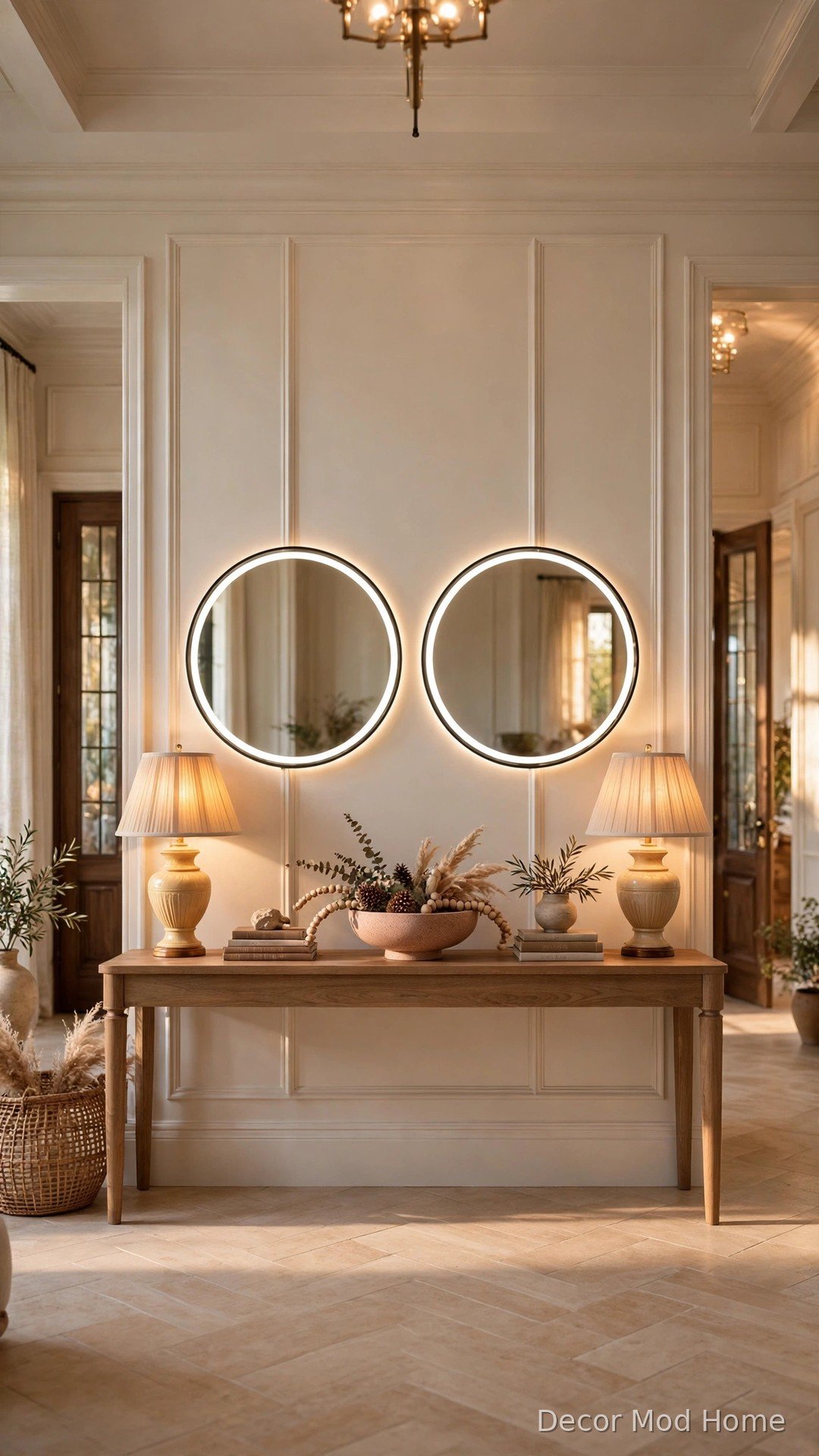 Pair of round LED mirrors glowing above long console table