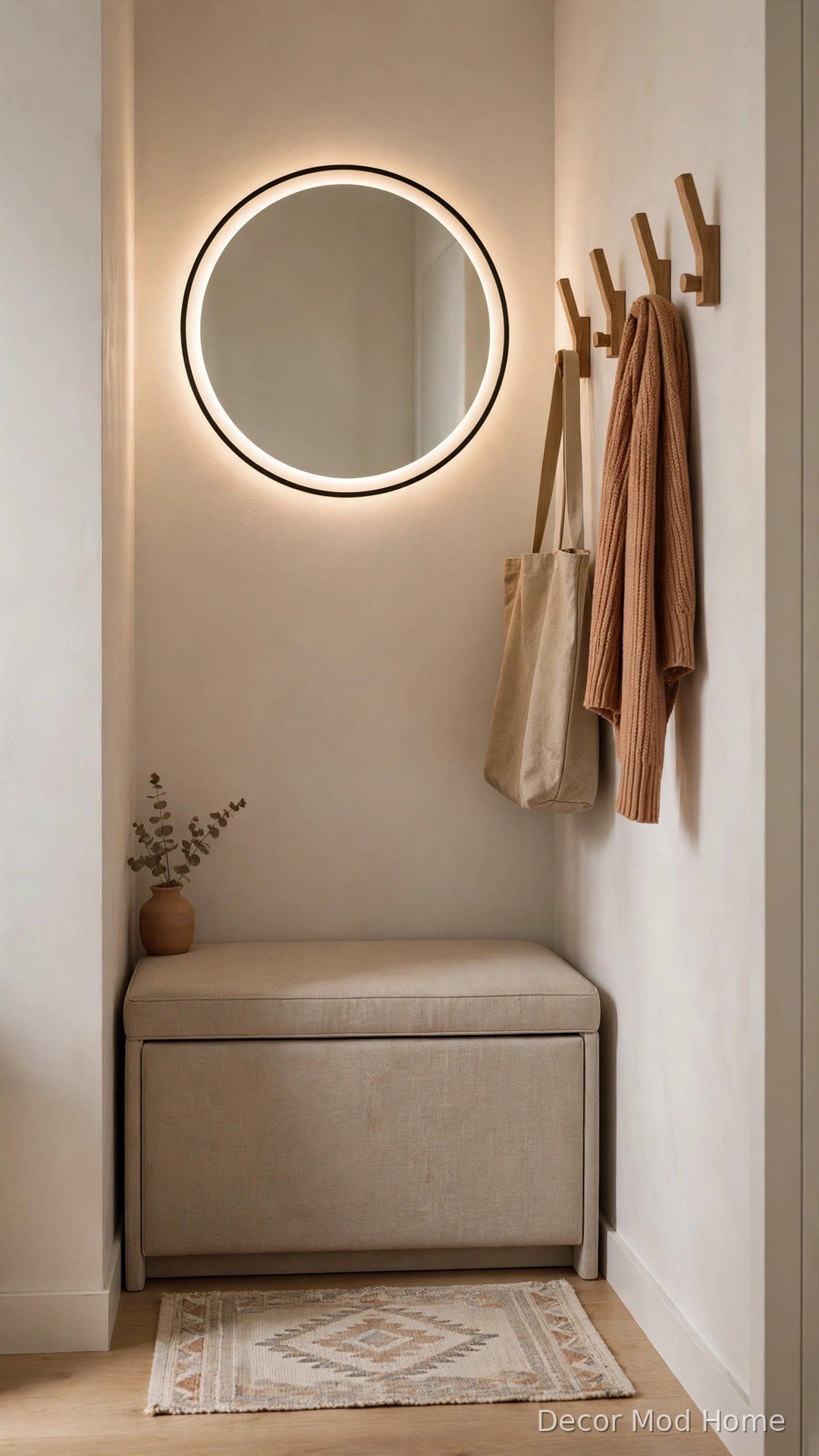 Round LED mirror above narrow upholstered entryway bench