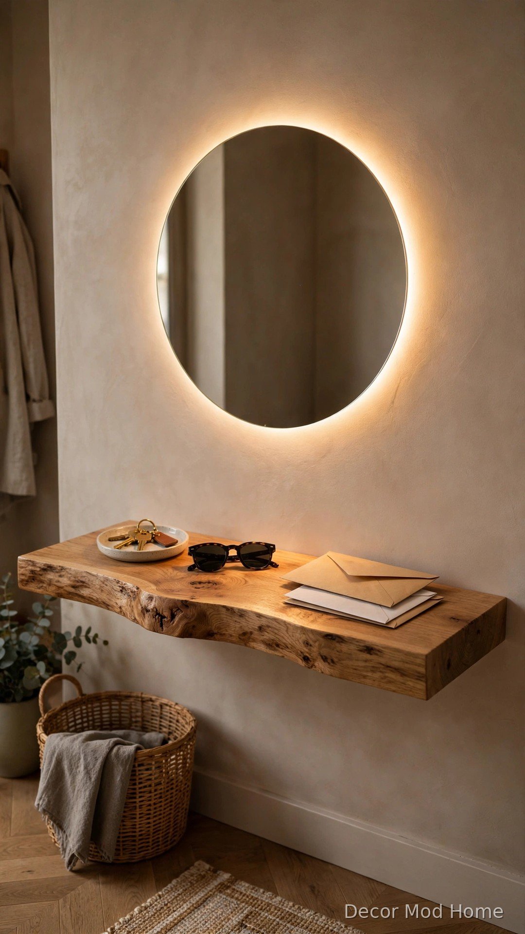 Backlit circular LED mirror above floating oak entryway shelf