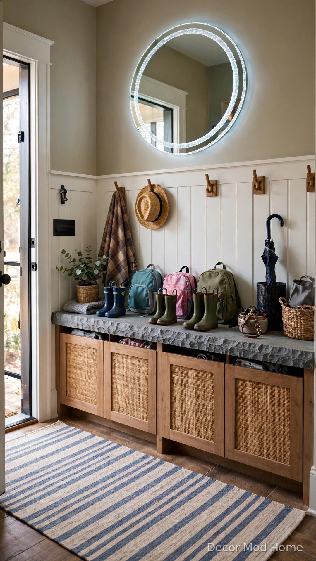 Anti-fog circular LED mirror in busy family mudroom entryway