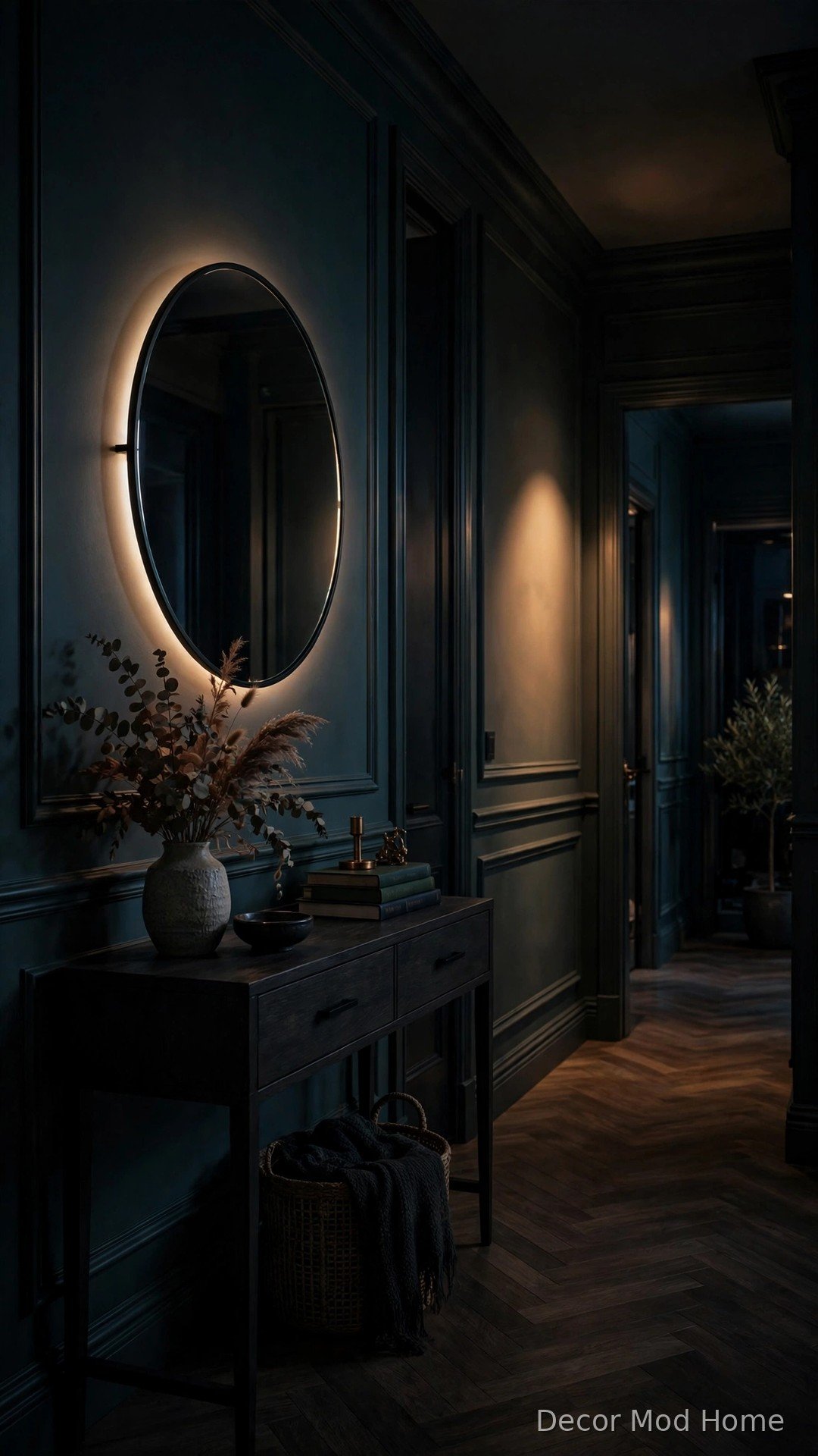 Dimmable touch-sensor circular LED mirror glowing at night